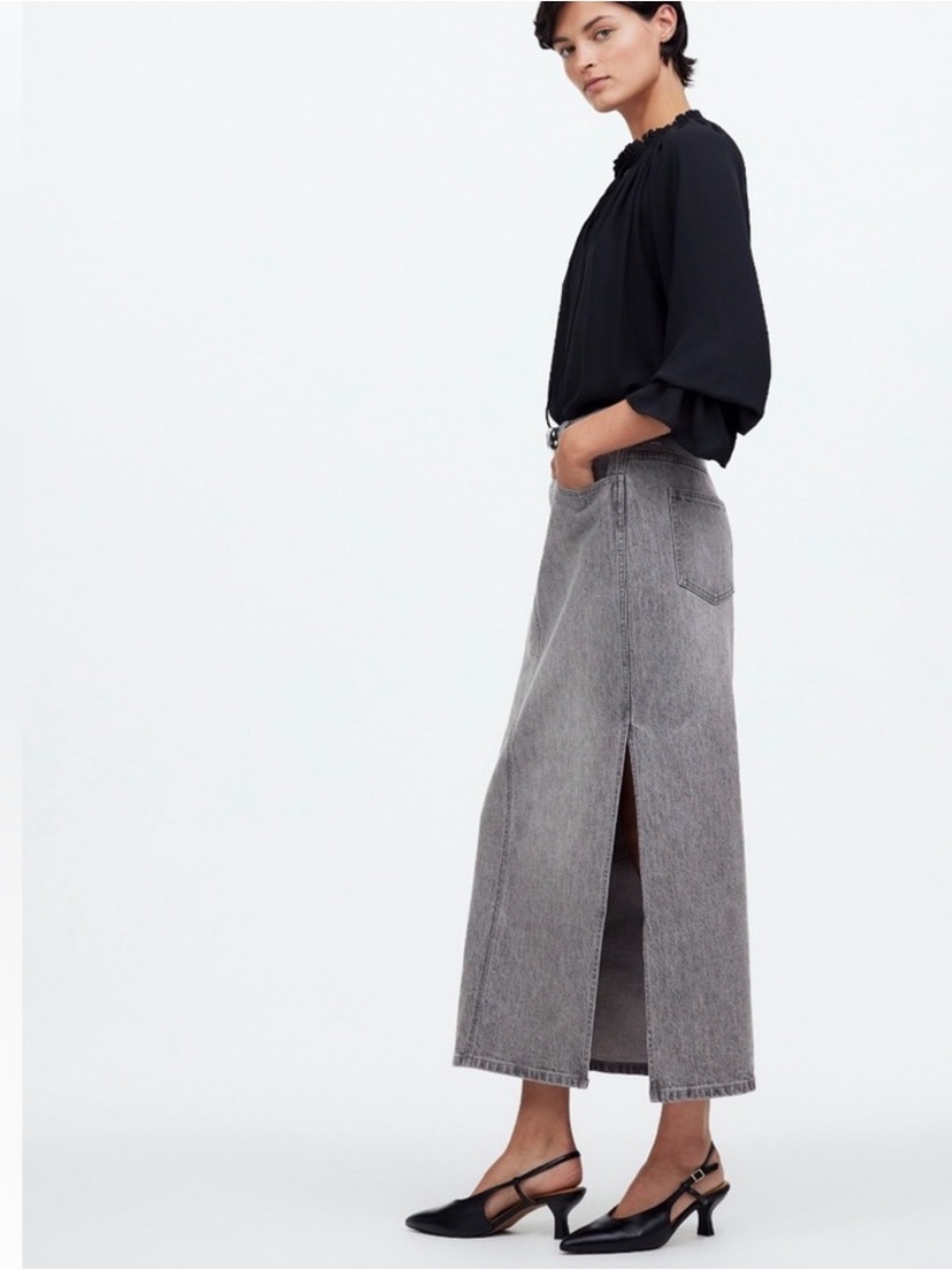 Madewell | Gray Denim Side-Slit Midi Skirt | Size 25